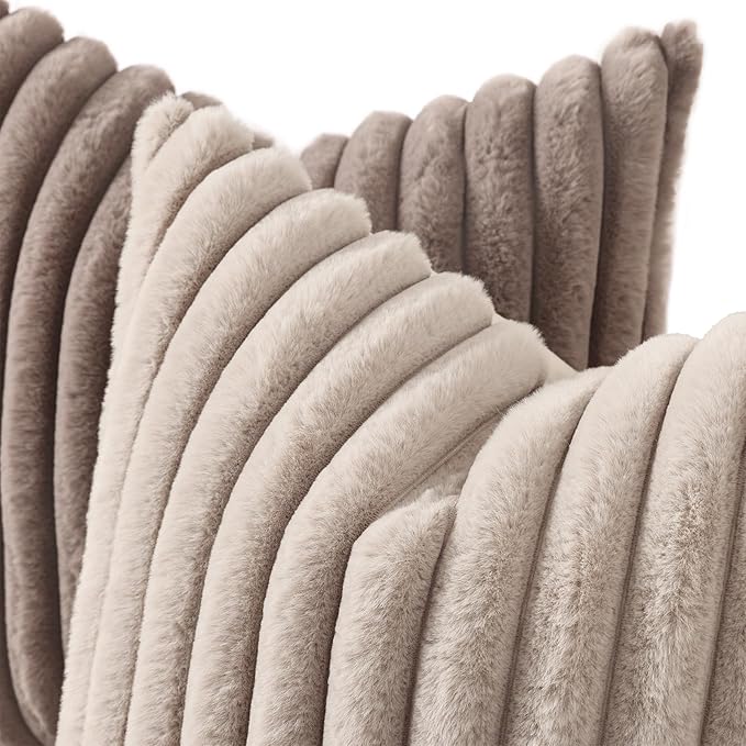 decorUhome Cozy Faux Fur Throw Pillow Covers 12x20 Set of 2 Decorative Soft Plush Striped Lumbar Modern Farmhouse Boho Couch Pillow Cases with Velvet Back for Sofa Bed Living Room, Tan