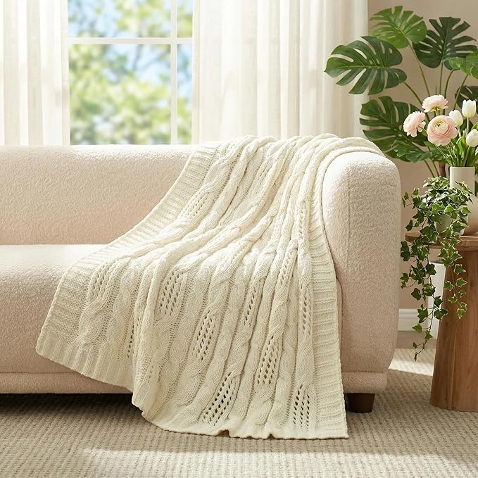 Amélie Home Chunky Knit Throw Blanket, Dual-Sided Soft Chenille Breathable Cable Knitted Blanket for Couch, Farmhouse Decorative Throw for Sofa & Chair, 50"x60", Ivory
