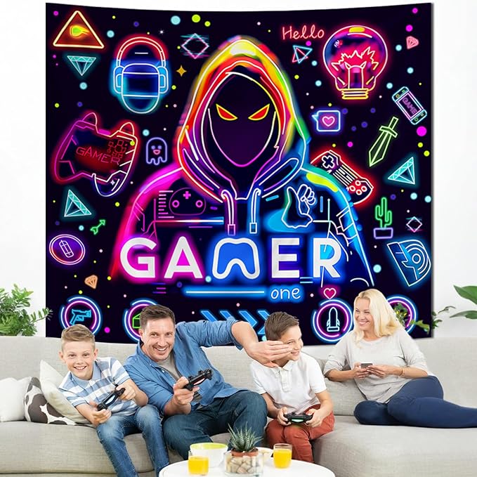 Apdidl Blacklight Gaming Wall Tapestry for Bedroom, Glow in the Dark Funny Game Player Boys Room Decor Tapestries, Cool Gamer Posters UV Reactive Neon Wall Hanging for Kids Living Room Dorm 51" X 60"