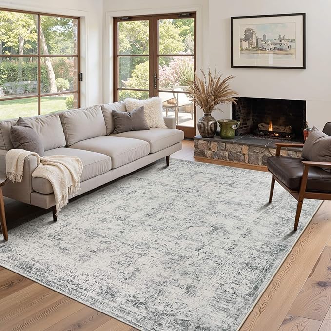 Area Rugs for Living Room Bedroom, Washable Rug, Grey Vintage Abstract Boho Rug, Non Slip & Low Pile Wool Carpet for Indoor Dining Room, Farmhouse, Kids Room and Office(Grey 4x6ft)