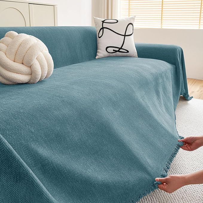 hyha Couch Cover for Dogs, Boho Sofa Covers for 3 Cushion Couch Washable, Chenille Sofa Slipcover for Pets, Soft Loveseat Sectional Couch Throw Blankets with Tassels (Blue, 71x91 Inch)
