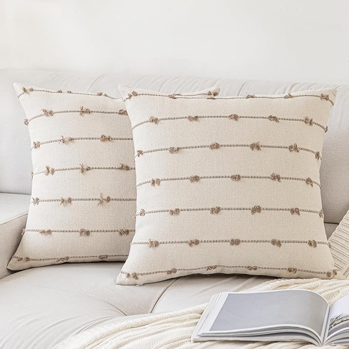 Boho Throw Pillow Covers 20x20 Set of 2 Modern Farmhouse Decorative Cushion Case Tufted Square Pillows Cover Neutral Pillow Cases Accent Pillowcase for Sofa,Couch,Bed,Beige and Khaki