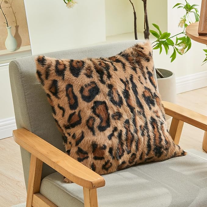 MOOX Rabbit Fur Throw Pillow Covers Decorative Fluffy Soft Fuzzy Plush Luxury Genuine Animal Skin Lumbar Pillow 18"x18" Cushion Cover, Leopard Print
