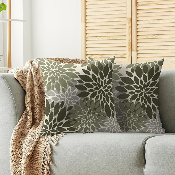 Olive Green Grey Gray Pillow Covers 20X20 Inch Set of 2, Dahlia Flower Spring Summer Floral Cream Decorative Throw Pillow Covers Outdoor Modern Farmhouse Cushion Case for Home Couch Sofa Bed Decor