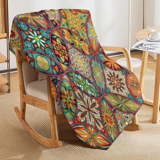 Boho Floral Throw Blanket Colorful Mandala Bohemian Indian Hippie Vintage Blanket for Sofa Bed Couch Chair or Dorm 60"x80"