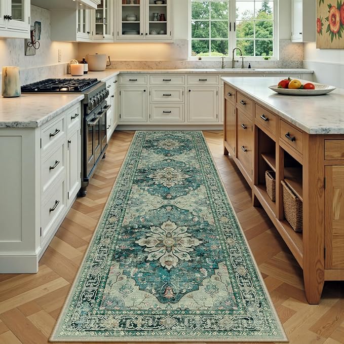 Area Rugs 2'x7' Runner Rug Non Slip Washable for Kitchen Hallway Bedroom Beside Laundry Room Bathroom Rug, Floor Carpet, Dark Blue Vintage