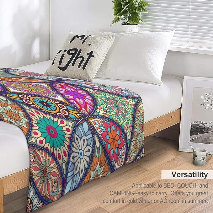 Boho Floral Throw Blanket Bohemian Colorful Mandala Flowers Print Theme Blanket for Sofa Bed Couch Chair Or Dorm 40"x50"