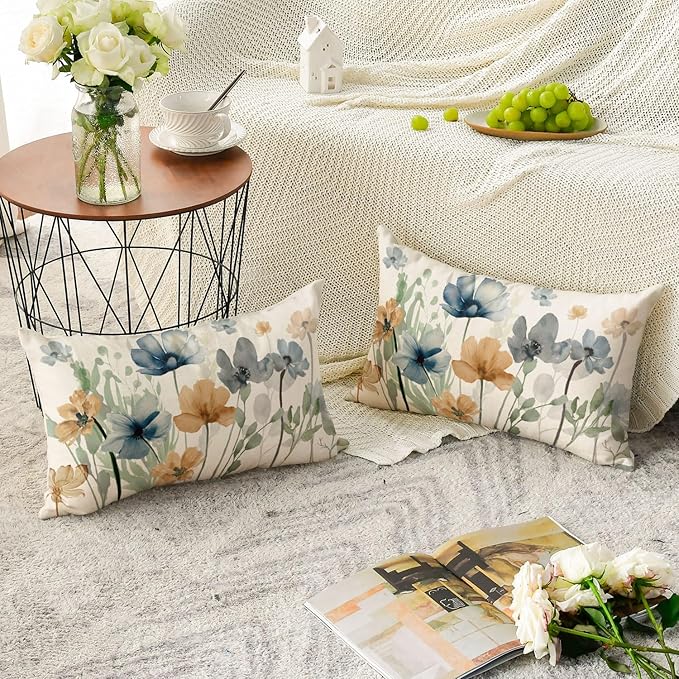 AVOIN colorlife Poppy Flowers Chinoiserie Throw Pillow Covers, 12 x 20 Inch Light Brown Blue Seasonal Leaves Cushion Case Decoration for Sofa Couch Set of 2