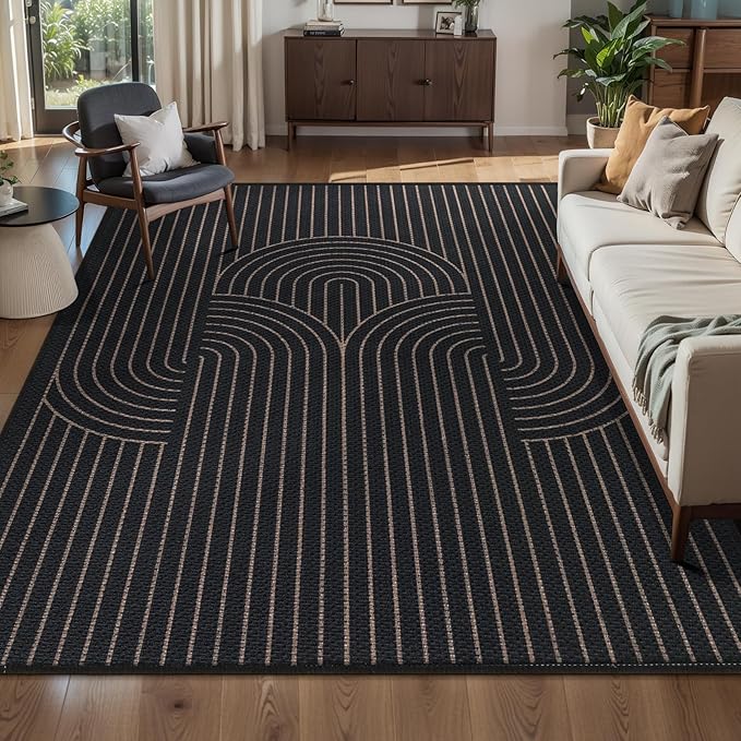 Tangsoo Black Geometric Rainbow Easy Jute Area Rug,4x6 Washable Thin Rug for Patio,Non Slip Rubber Backing Indoor Outdoor Carpet Boho Farmhouse Throw Mat for Front Porch Bedroom Living Room