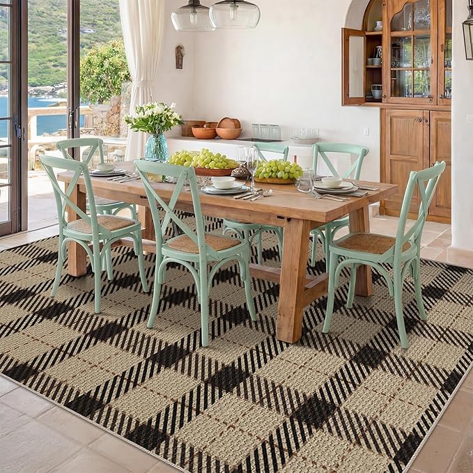 Jute Rug 6x9 for Living Room, Washable Black and Brown Rug for Dining Room, Indoor Outdoor Geometric Non Slip Vintage Farmhouse Carpet, Classic Beige Plaid Décor