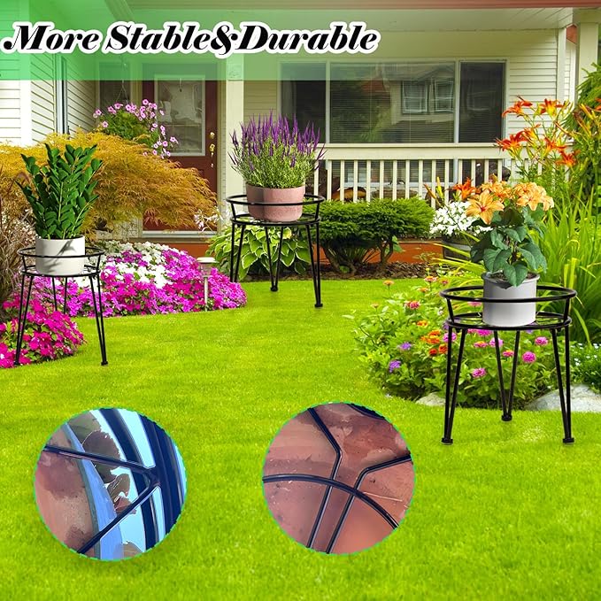 3Pack Metal Plant Stands Outdoor Indoor,Rustproof Iron Flower Pot Stands Outdoor,Heavy Duty Pot Stand for Plants Indoor,Round Black Display Rack Flower Stand Plant Holders