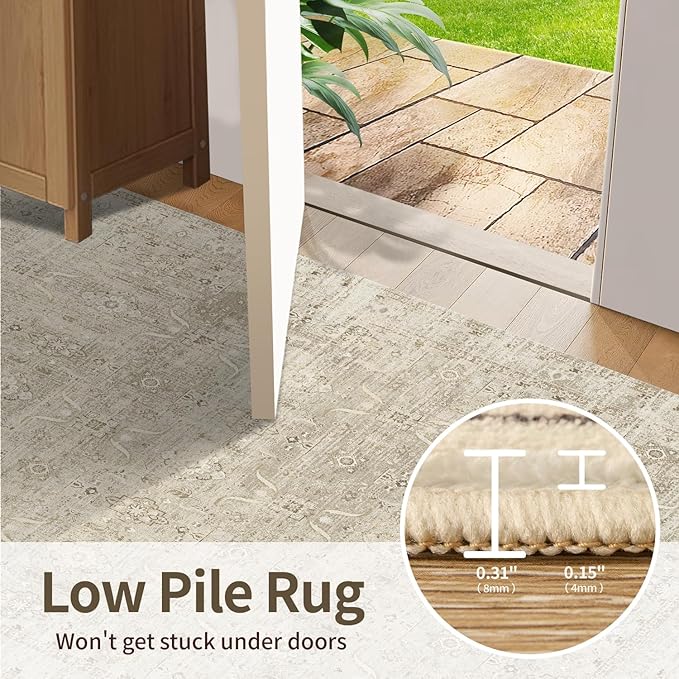 6x9 Area Rugs for Living Room Bedroom, Beige Large Washable Neutral Rug, Vintage Floral Retro Boho Non Slip & Low Pile Carpet for Indoor Dining Room, Classroom, Dorm, Nursery and Kids Room