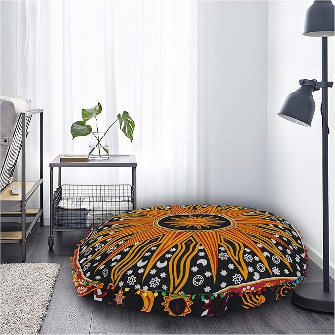 35 X 35 Inch Large Mandala Floor Pillow Cushion Seating Throw Cover Hippie Decorative Bohemian Ottoman Poufs, Multi Pom Pom Pillow Cases,Boho (Yellow Burning Sun, 35X35X6 Round)