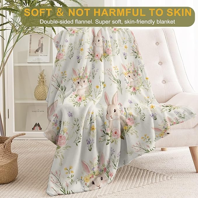 Cute Bunny Fleece Blanket - Lightweight Soft Cozy Gifts Throw for Animal Lovers, Kids,Women,Rabbit Floral Cream Blankets,Home Room Modern Farmhouse Boho Decor 50x60in