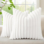 decorUhome Summer Cozy Faux Fur Throw Pillow Covers 26x26 Set of 2 Decorative Soft Plush Striped Modern Farmhouse Boho Couch Euro Sham Pillow Cases with Velvet Back for Sofa Bed Living Room, White