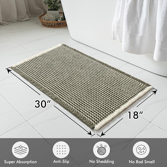 MIULEE Set of 2 Waffle Bathroom Rugs, Boho Bath Rugs Non Slip Washable, Super Absorbent Bath Mats, Ultra Soft Rubber Backed Shower Mats for Bathroom Floor, Tub, Green & Cream, 18x30 Inch