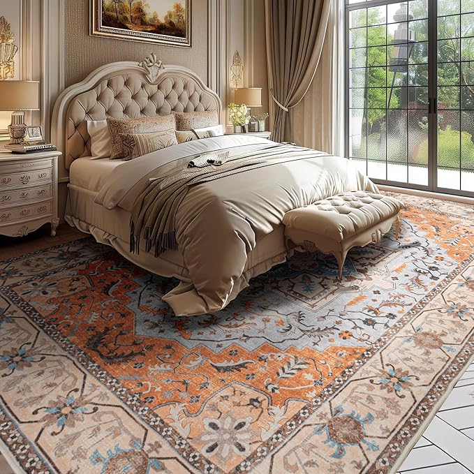 Lessymo 5x7 Area Rugs- Machine Washable Area Rugs, Super Soft Faux-Wool Area Rug for Living Room Bedroom, Boho Area Rug Vintage Floral Medallion Non-Slip Low Pile, Orange Beige