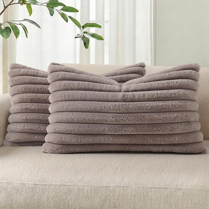 Pallene Faux Fur Plush Lumbar Throw Pillow Covers 12x20 Set of 2, Luxury Soft Fluffy Striped Decorative Pillow Covers for Sofa, Couch, Living Room, Light Coffee