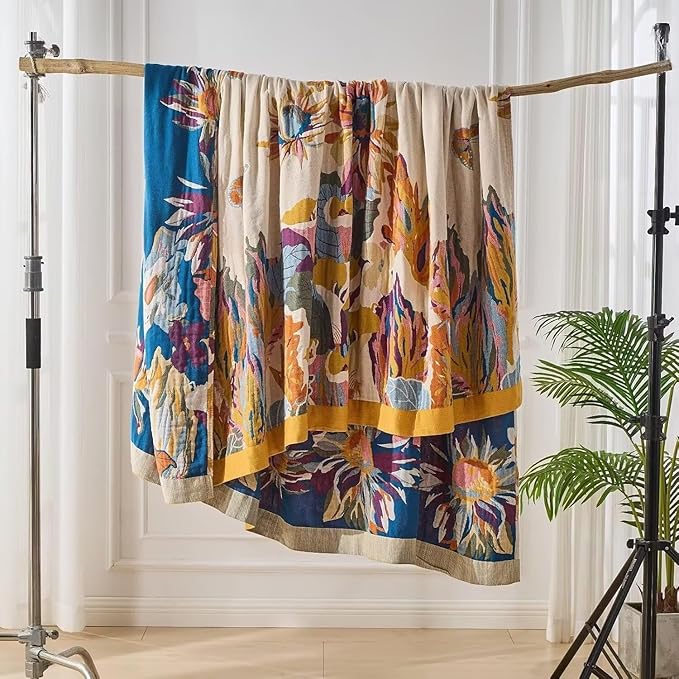 Boho Throw Blanket Farmhouse Decor Throw Blanket Bohemian Blanket for Bed 100% Cotton Muslin Woven Couch Blanket All Seasons Quilt Bedroom (Yellow, 60"x80")