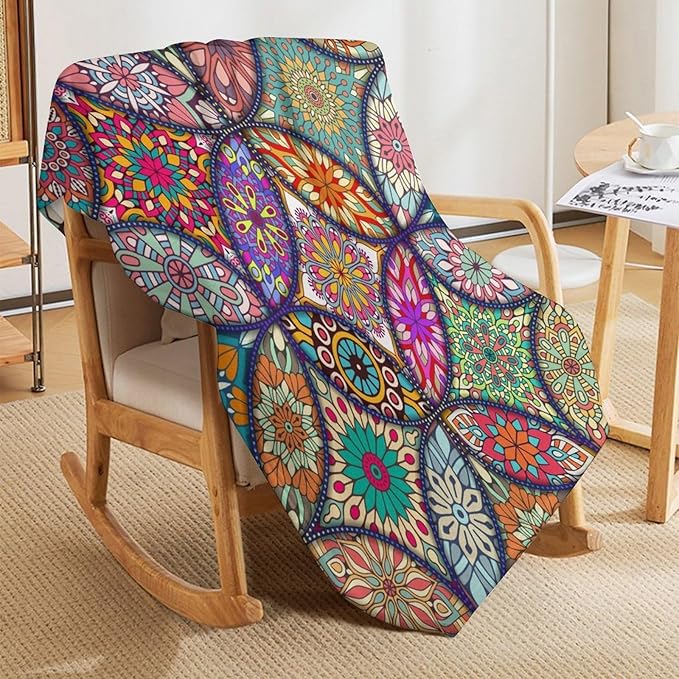 Boho Floral Throw Blanket Bohemian Colorful Mandala Flowers Print Theme Blanket for Sofa Bed Couch Chair Or Dorm 40"x50"