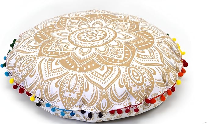 Round Mandala Floor Pillow Cover Seating Cushion Throw Cover Hippie Decorative Bohemian Ottoman Pouf Cover, Pom Pom Pillow Cases,Boho Indian 22 Inches (Gold)