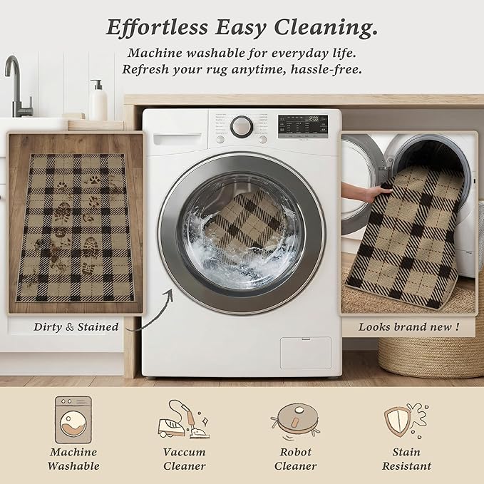 Easy Jute 3x6 Entryway Rug - Washable Large Kitchen Rug, Stain Resistent Low Pile Mat for Bedside, Non Slip Neutral Farmhouse Black and Tan Front Door Décor
