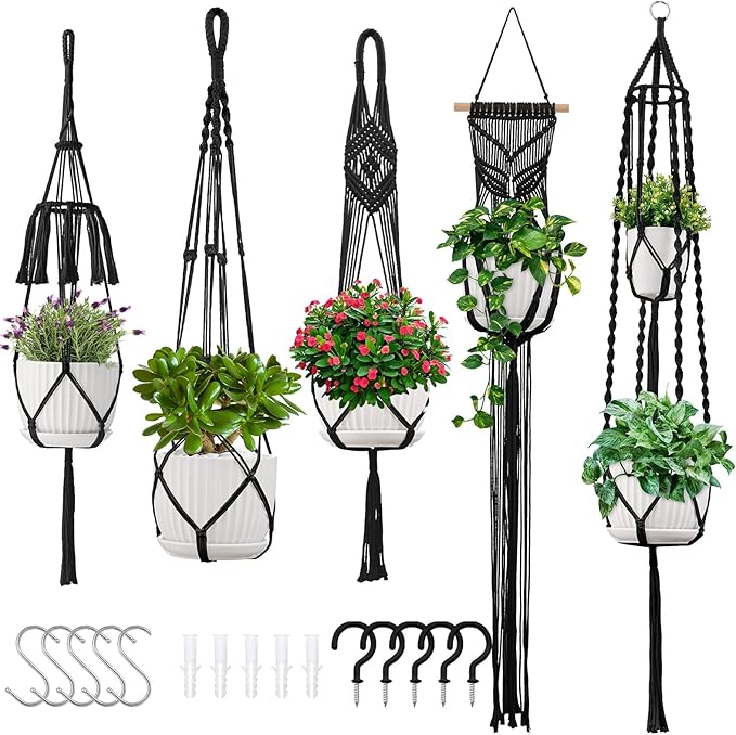 Macrame Plant Hangers 5Pack, Handmade Cotton Rope Hanging Planters for Indoor Plants w/ 5 Set Hooks Hanging Plant Holders Plant Hanger Indoor for Boho Home Decor (Black, Planter Pot Not Included)