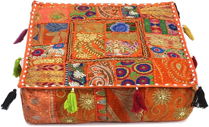 Mam Treasures Indian Bohemian Decorative Pillow Vintage Cushion Cover Patchwork Square Floor Pillow Cover Meditation Cushion Large Floor Pillow Indian Cushion (Orange, 18 X 18 X 5 Inch)