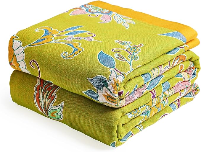 Boho Throw Blanket 50" x 60", 100% Organic Cotton Breathable Ultra Soft Bed Quilt Throw - All Season Luxury Floral Farmhouse Decor Blanket for Sofa Couch Chair and Gift. Green/Blue