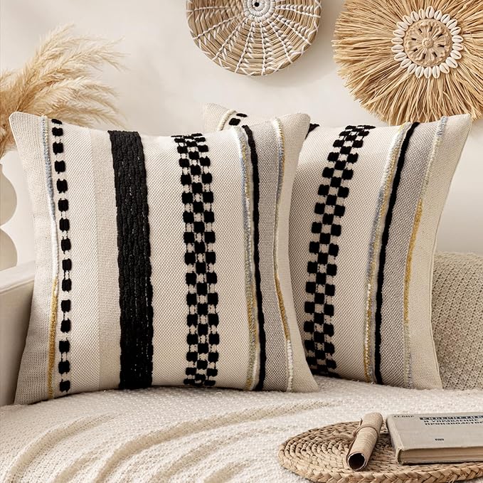 ANRODUO Pack of 2 Boho Decorative Throw Pillow Covers 20x20 Farmhouse Cushion Case Striped Chenille Pillow Cases Square Pillow Covers Accent Neutral Pillowcase for Sofa Couch Bed, Black Stripe