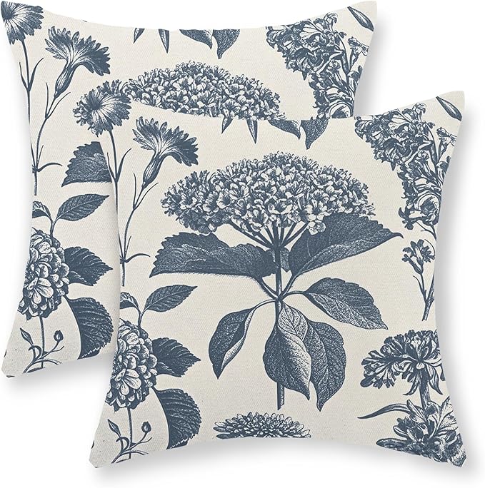Blue Pillow Covers 16x16 Set of 2 Vintage Boho Floral Hydrangea Herbs Botanical Throw Pillow Cover Outdoor Flower Decoration Pillowcase Linen Farmhouse Cushion Case Decorative for Couch Sofa