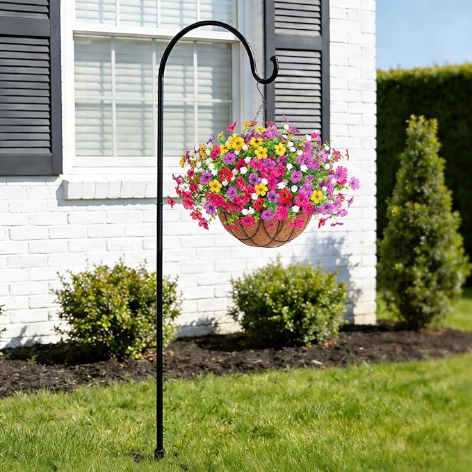 Artificial Silk Flowers Hanging Baskets Outdoors Indoors, Daisy with Eucalyptus Leaves Arrangement for Garden Yard Spring Summer Decor Faux Green Plant Metal Coconut Lining