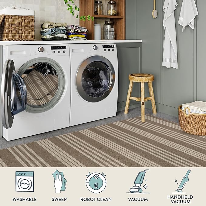 Lahome Elance Striped Non Shed Easy Jute Rug, 5x7 Large Living Dining Room Rug Washable Outdoor Patio Rug, Farmhouse Neutral Non Slip Stain Resistance Indoor Outdoor Carpet for Sunroom Bedroom, Khaki