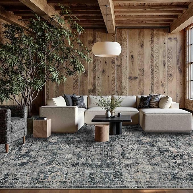 9x12 Area Rugs for Living Room Bedroom, Large Washable Rug, Blue Vintage Retro Boho Rug, Non Slip & Low Pile Faux Wool Thin Carpet for Indoor Dining Room and Kids Room(Blue 9x12ft)