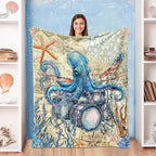 Octopus Throw Blanket, Vintage Soft Cozy and Warm Couch Blankets Gift for Octopus Lover, Decorative Blankets for Sofa Couch Bed, Blue Beige 50×60 inches