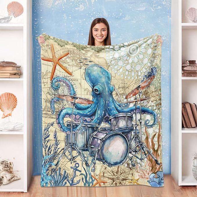 Octopus Throw Blanket, Vintage Soft Cozy and Warm Couch Blankets Gift for Octopus Lover, Decorative Blankets for Sofa Couch Bed, Blue Beige 50×60 inches