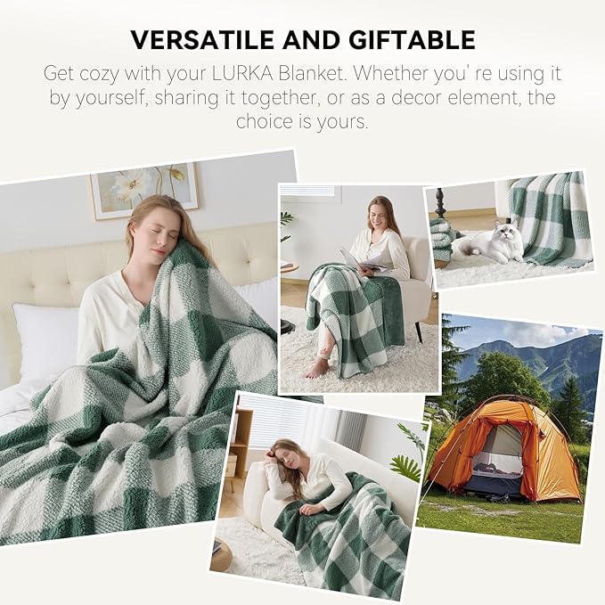 LURKA Checkered Sherpa Fleece Throw Blanket – Soft and Cozy, Medium Weight for All Season, Plush Throw for Couch, Bed & Pets, Sage, 50x60 Inches