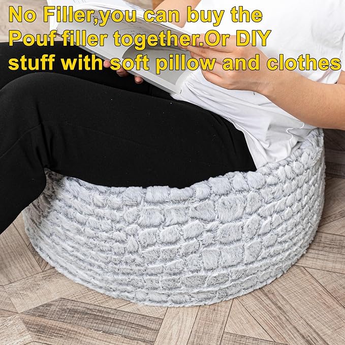 Asuprui Pouf Ottoman Unstuffed Floor Poof Seat Pouf Ottoman Foot Rest Soft Foot Stool 20x20x12 Inches Fuzzy Chair Floor Chair Foot Rest with Storage for Living Room Bedroom Snow Gray
