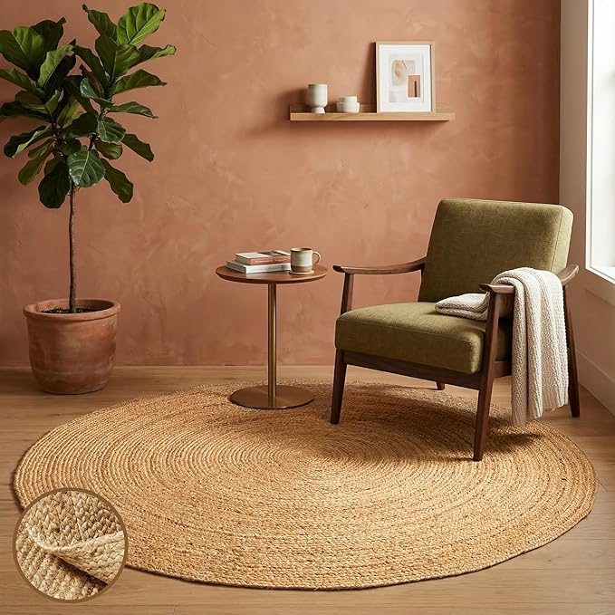 Jute Area Rug 5' Round Natural Jute Rug with Non-Slip Backing, Low-Profile Farmhouse Rug for Living Room, Bedroom or Entry, Eco-Friendly Boho Decor, Non-Shed for High-Traffic Door Mat