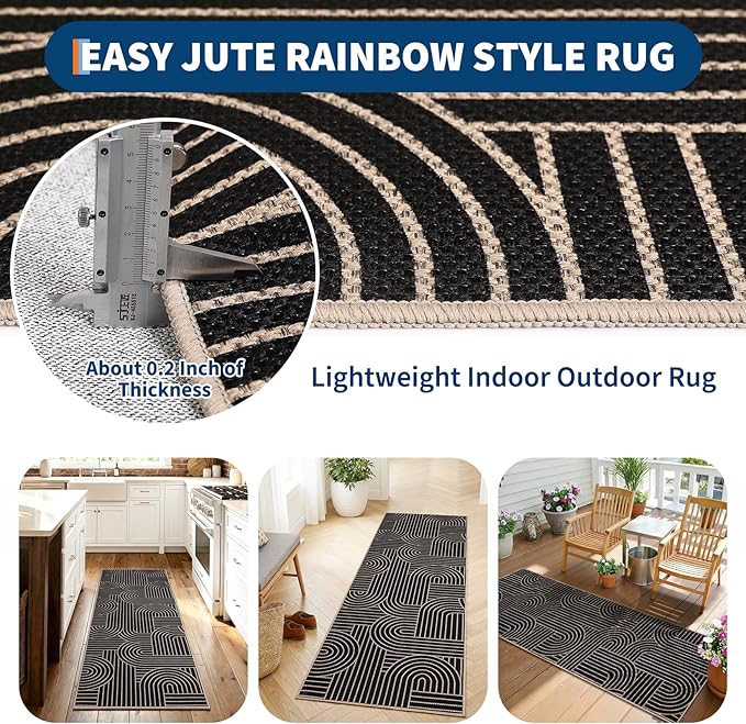 GarveeHome Easy Jute 2x6 Modern Rainbow Runner Rug for Kitchen Hallway Bedroom Non Slip Indoor Outdoor Runner Door Mat for Laundry Porch