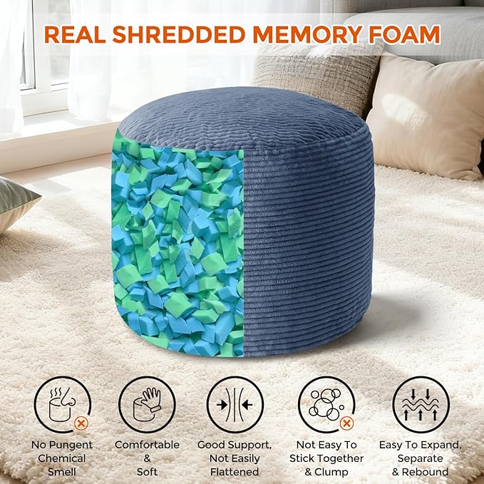 Pouf Ottoman Foot Rest, Comfortable & Soft, Round Footstool for Living Room, Bedroom, Office, Room Decoration, Corduroy Foot Stool Pouf with Odorless & Anti-Clump Filling, Large Navy