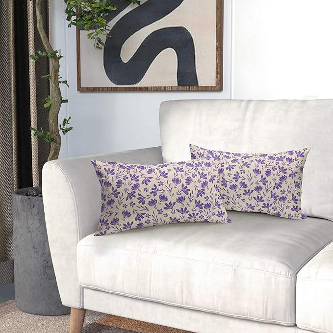Purple Floral Pillow Covers 12x20 Set of 2 Vintage Rustic Old Style Cute Small Flower Cream Print Rectangle Decorative Outdoor Pillowcases Fall Farmhouse Throw Cushion Case Couch Sofa Bed Decor
