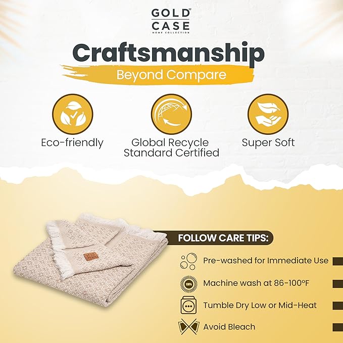 Gold Case Throw Blanket for Couch - 100% Recycled Turkish Cotton Blankets & Throws - Retro Soft Throw Blankets for Living Room - Boho Decorative Woven Couch Blanket - 60x80 - Beige