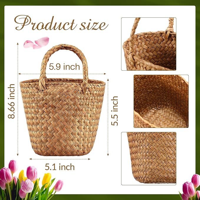 LemonRoad 2 Pcs Flower Girl Basket for Wedding Small Rustic Seagrass Basket with Handle Boho Wedding Flower Storage Farmhouse Decor for Petals Confetti Sweets Gifts 5.12 x 5.51''d (Rustic Color)