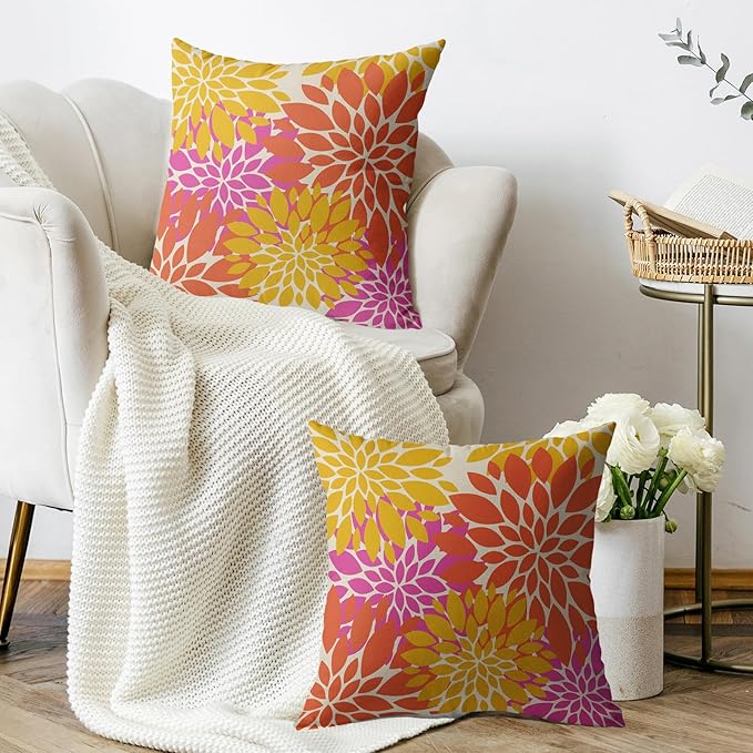 Yellow Orange Pink Pillow Covers 22X22 Inch Set of 2, Modern Dahlia Floral Print Decorative Throw Pillow Covers Outdoor Farmhouse Cushion Case for Home Couch Sofa Bed Decoration
