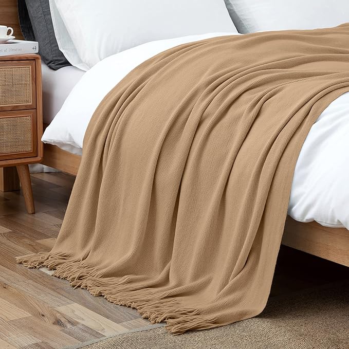 Vonty Light Brown Knitted Blanket with Tassels Fringe 50" x 60", Super Soft Knit Throw Blanket, Farmhouse Decorative Lightweight Blanket for Couch, Sofa, Bed