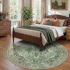 Area Rugs 8ft Washable Non-Slip, Floral Vintage Distress Print Pattern Medallion Carpet for Living Room Bedroom Dining Room, Dark Green Gray