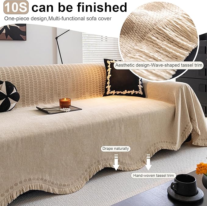 ROOMLIFE Khaki Sofa Cover, Vintage Boho Couch Cover for 3 Cushion Sofa, Non Slip Soft Chenille Sofa Slipcovers for Dog, Washable Furniture Sofa Protector Cover with Tassel for Living Room, 71''X150”