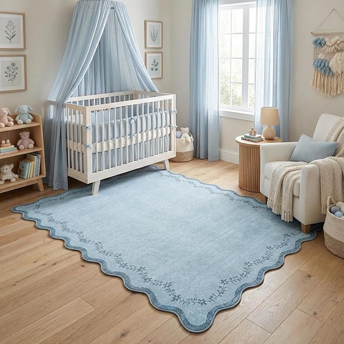 GarveeHome 4x6 Blue Scalloped Washable Area Rug for Girls Bedroom, Solid Floral Soft Nursery Rug Non Slip Low Pile Small Carpet Stain Resistant Throw Rug for Dorm Kids Room Office Dining