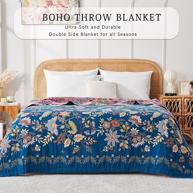 Boho Blanket Soft Muslin BohoThrow Blanket, 100% Cotton Floral Printed Farmhouse Decor All Season Reversible Rustic Throw for Sofa Couch Chair（Blue, 60"x80"）